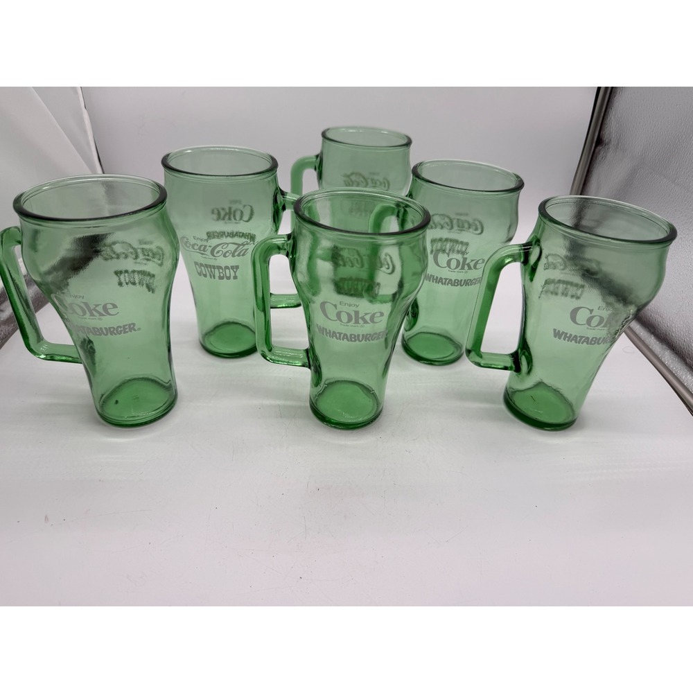 Vintage Coca-Cola Whataburger Cowboy Green Glass Mugs Set of 7 Bell Shape 6in